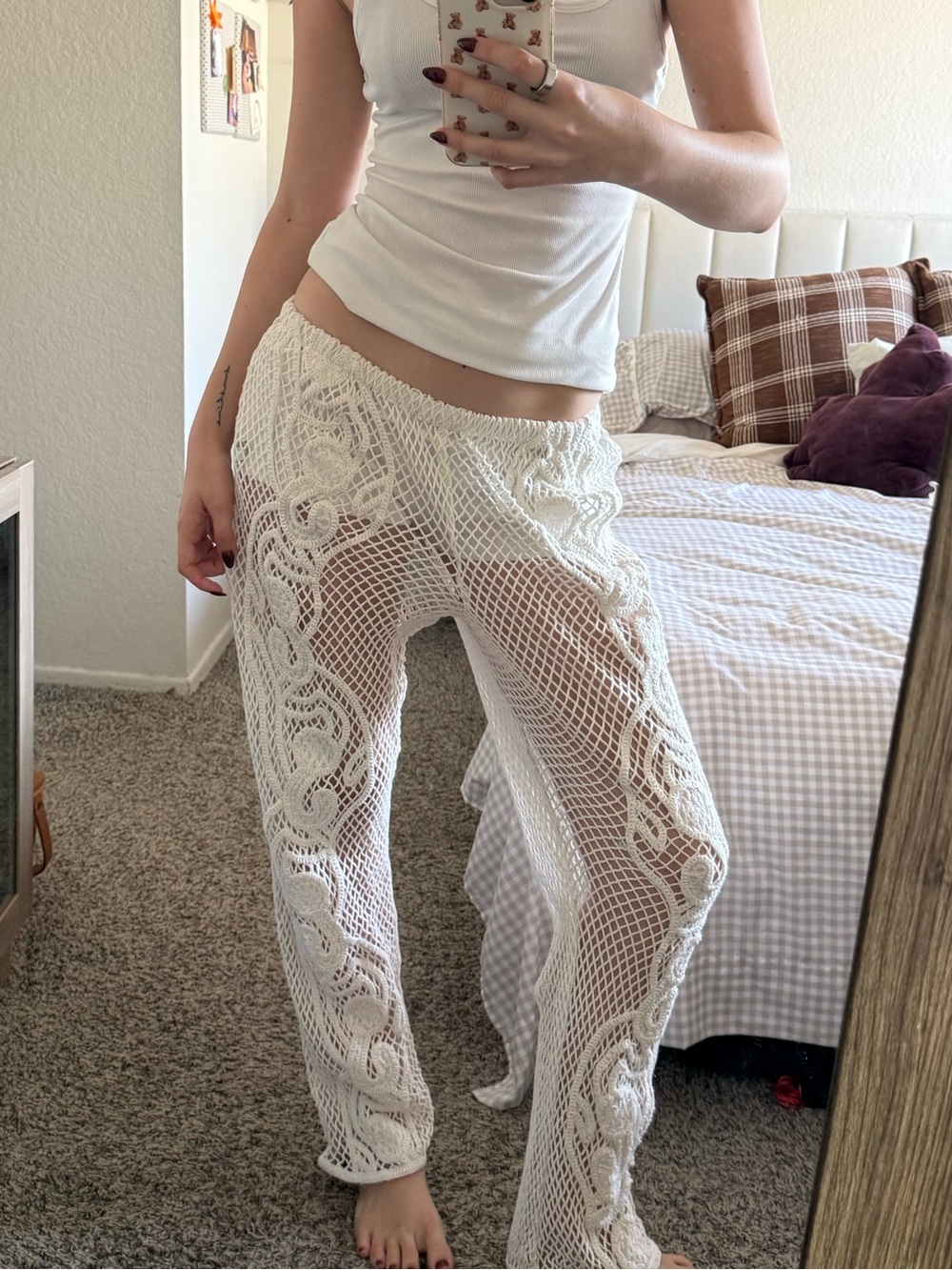 Women’s White Crochet Mesh Cover Up Pants - Sheer Knit Design